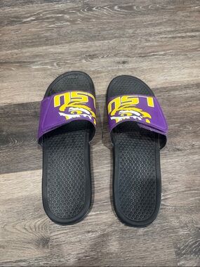 LSU Purple Strap Slide Sandals with Black Footbed